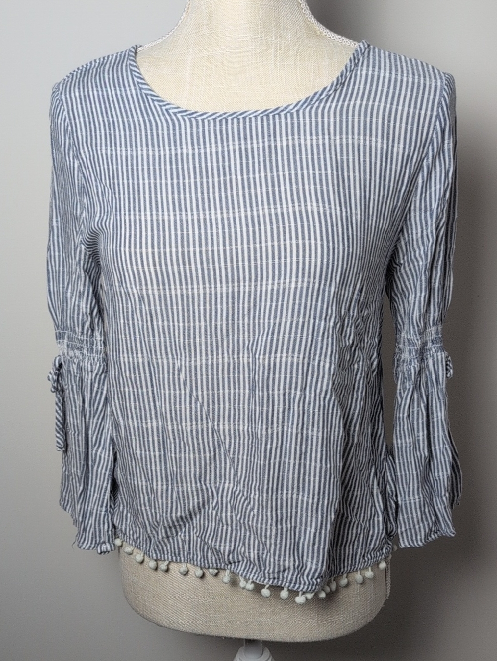Aeropostale Blue and White Striped Pom-Pom Hem Blouse